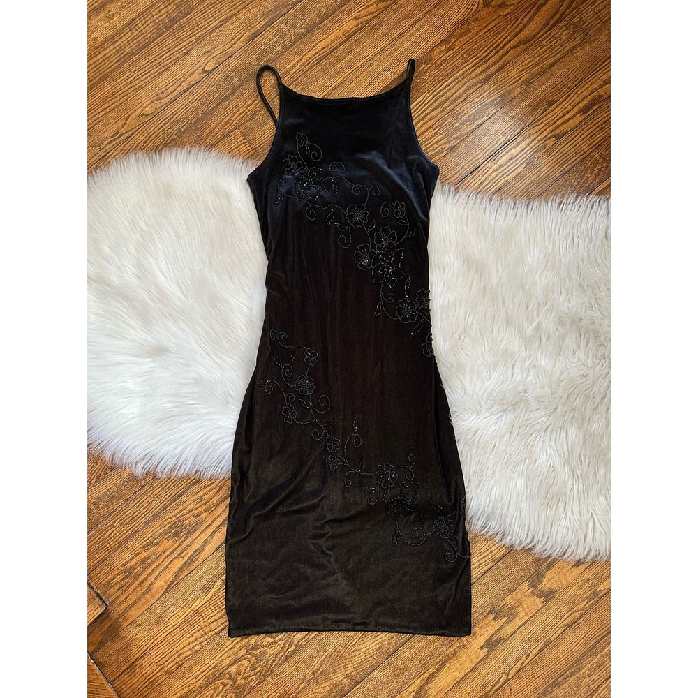 Vintage Y2K 90s Velvet Iridescent Beaded Floral Dress